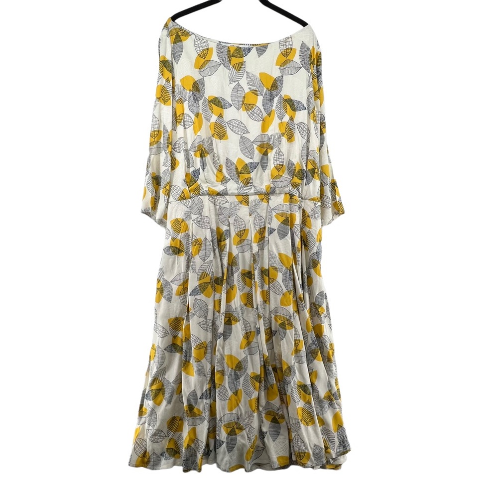 eShakti Size 2X 22W Dress Leaf Line Drawing Cream Mustard Yellow Black Pockets